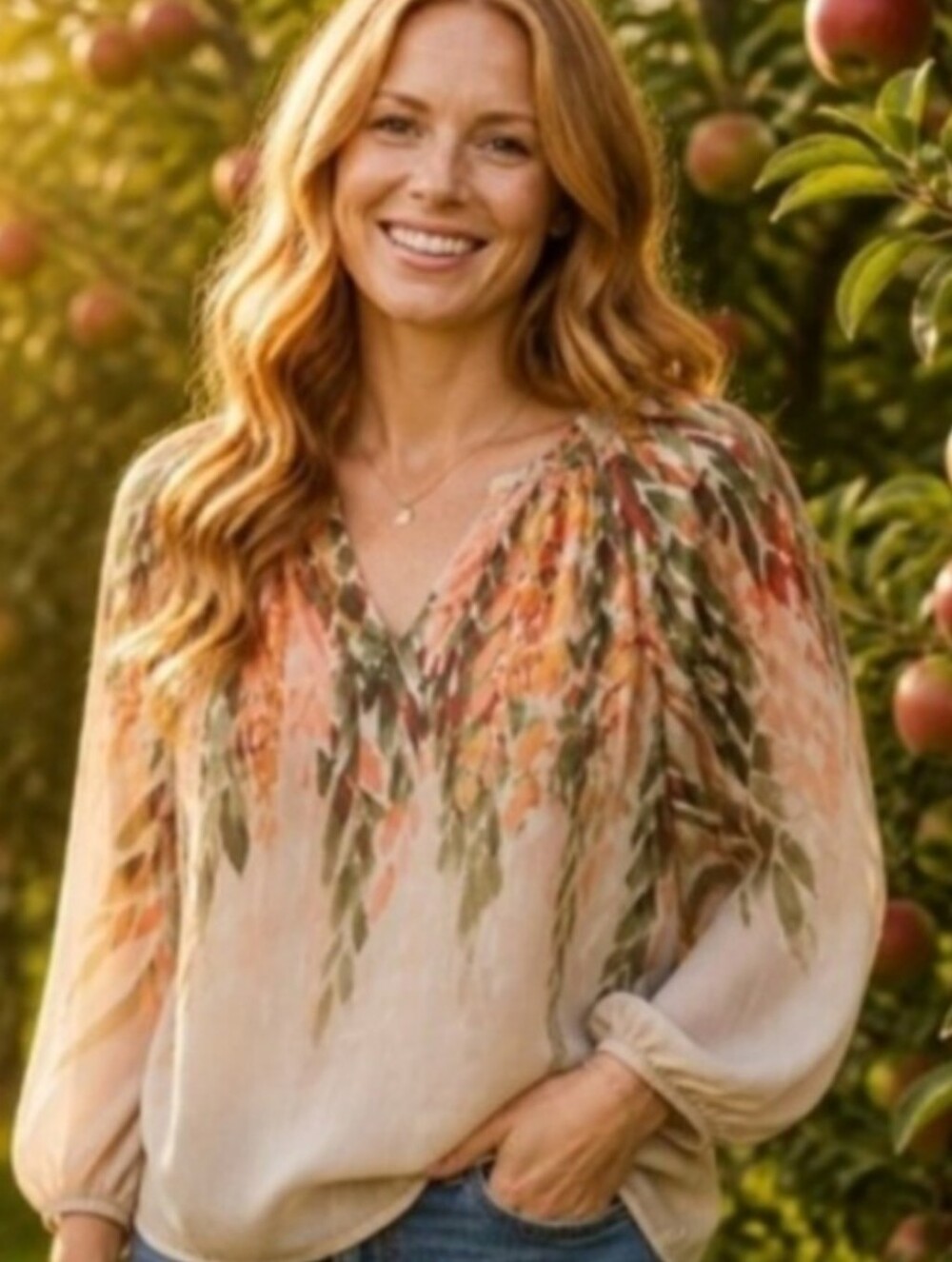 fig and flower Beige Blouse with Coral & Olive Floral Print
